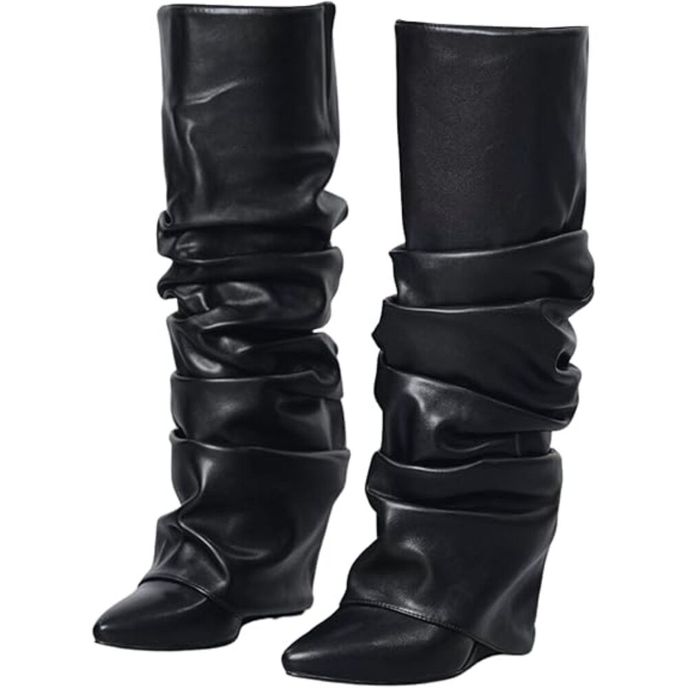 Women's Black Covered Wedge Heel Patent Wide Calf Pointed Toe Knee High Boots